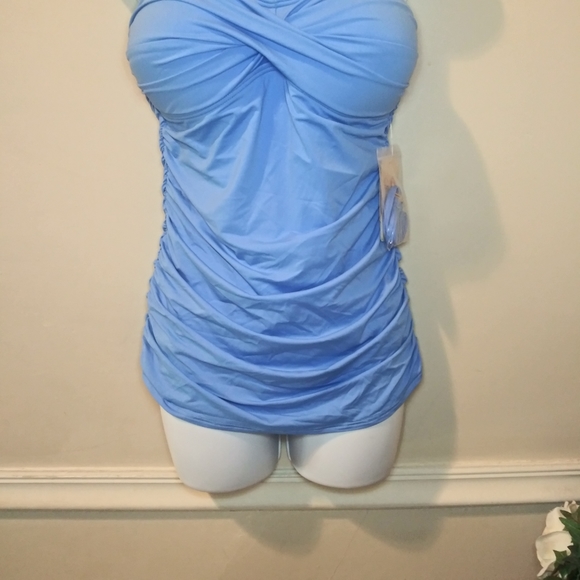 Tommy Bahama Pearl Solids Blue Shirred Twist Front Bandeau One Piece Swimsuit - Picture 7 of 16